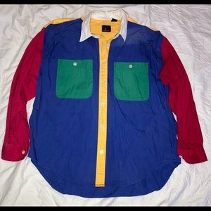 Primary Color Block Long-Sleeve Button Down Collared Top